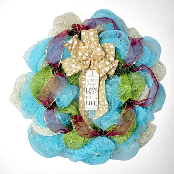 Holiday Mesh Wreath with Bowtie - Multiseason Easter Spring Christmas - Picture 1 of 6